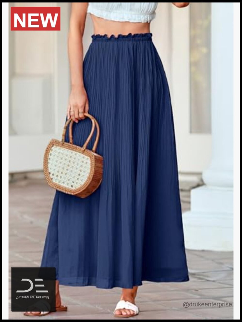 Flowy A-Line Pleated Midi Skirt with Elastic Waist, Solid - Picture 5 of 7